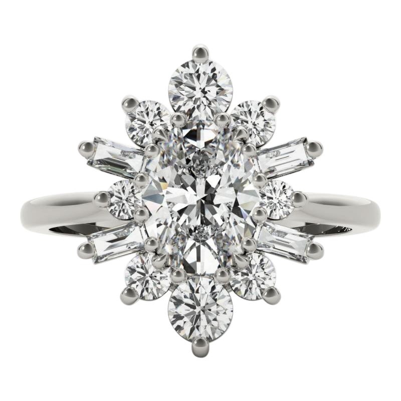 GIA Anillo de diamantes de oro blanco de 18 quilates con racimo de flores de copo de nieve ovalado de 1,81 quilates en venta