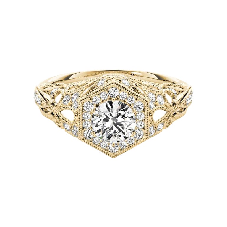 GIA 1,81ct Anello con diamante rotondo Art Deco con castone a traliccio in filigrana d'oro giallo
