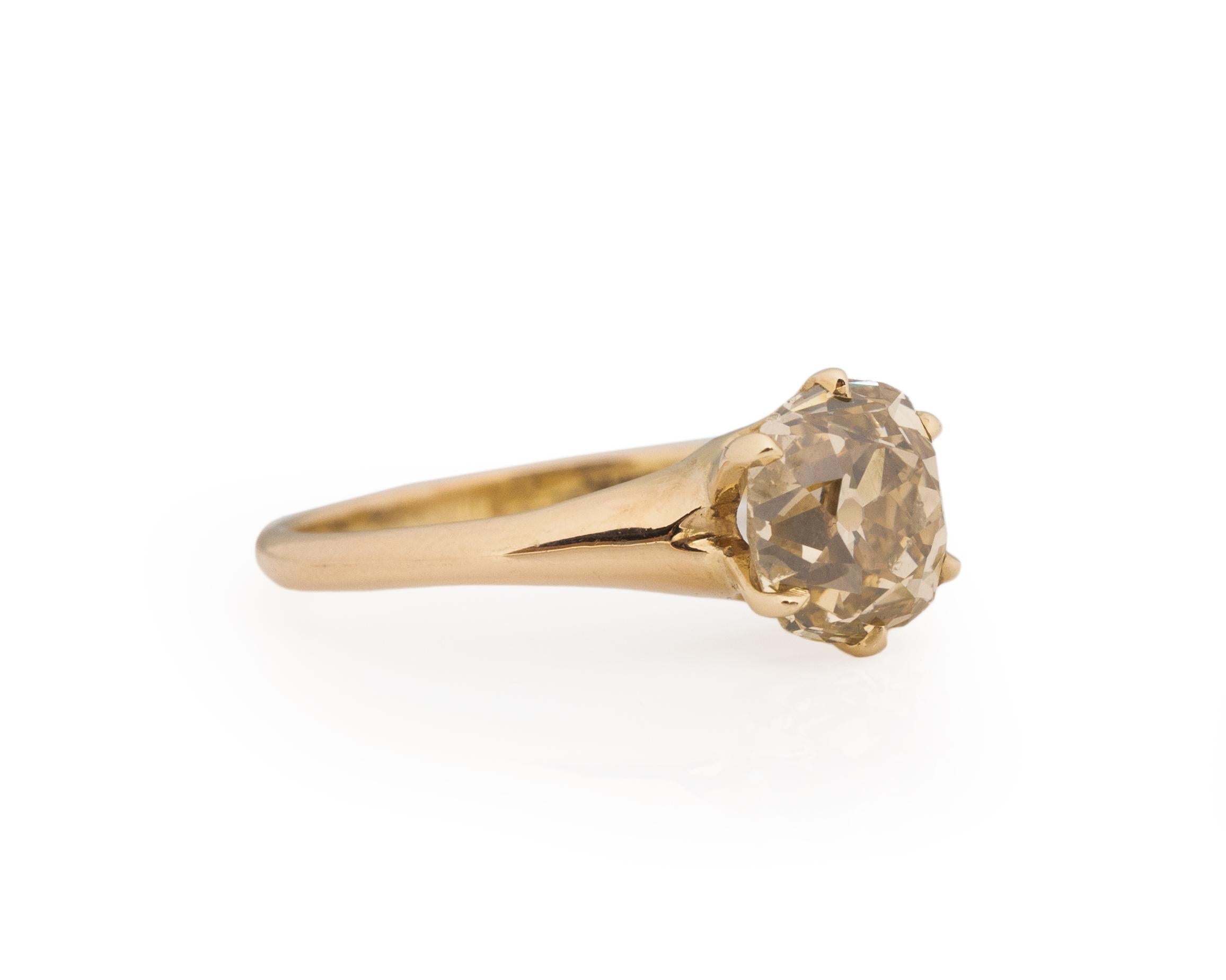 Ring Size: 5
Metal Type: 14K Yellow Gold [Hallmarked, and Tested]
Weight: 3.0 grams

Center Diamond Details:
GIA REPORT #: 7413932909
Weight: 1.82ct
Cut: Old Mine brilliant
Color: NATURAL, Fancy Brownish Yellow (Cognac Color)
Clarity: