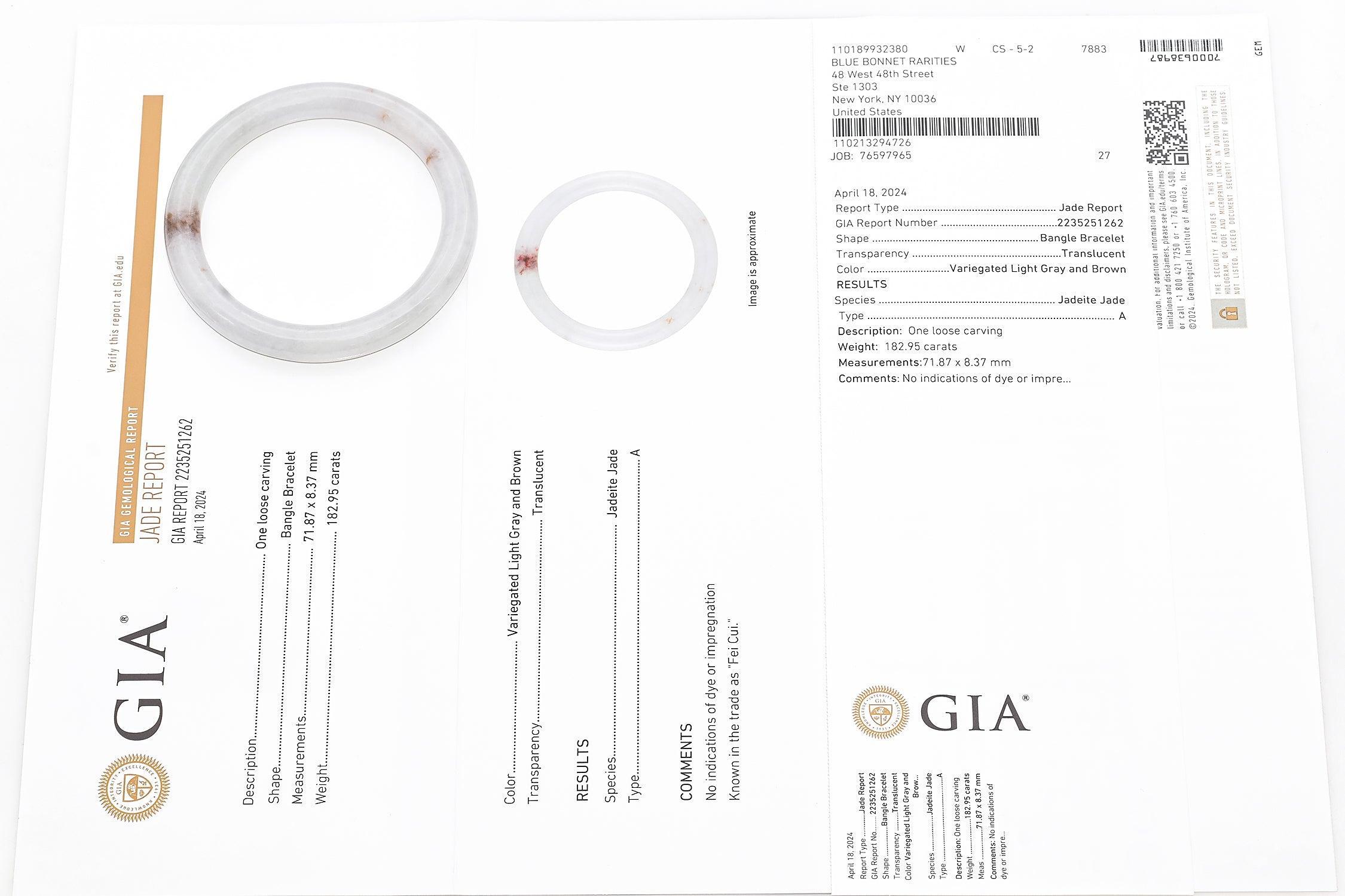 GIA 182.95Ct Bracciale di giada traslucido grigio chiaro marrone di grado A con giada di giada In condizioni buone in vendita a New York, NY