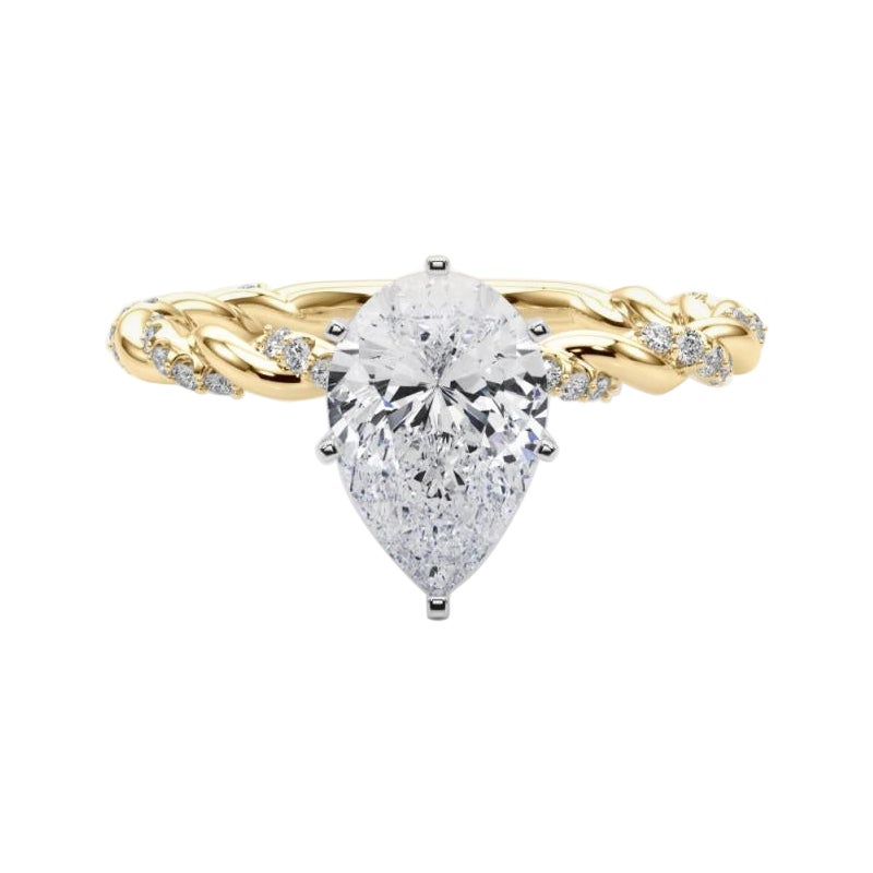 GIA 1,82 ct Anillo de diamantes de oro amarillo de 18 quilates con trenza trenzada y micro pavé de pera