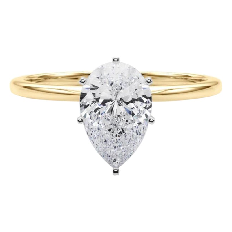 GIA Anillo de diamantes de oro amarillo de 18 quilates con solitario engastado y banda delgada de pera de 1,82 ct