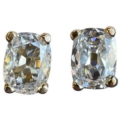 GIA 1.83 Carat Antique Cushion Cut Diamond 18 Karat Yellow Gold Stud Earrings 