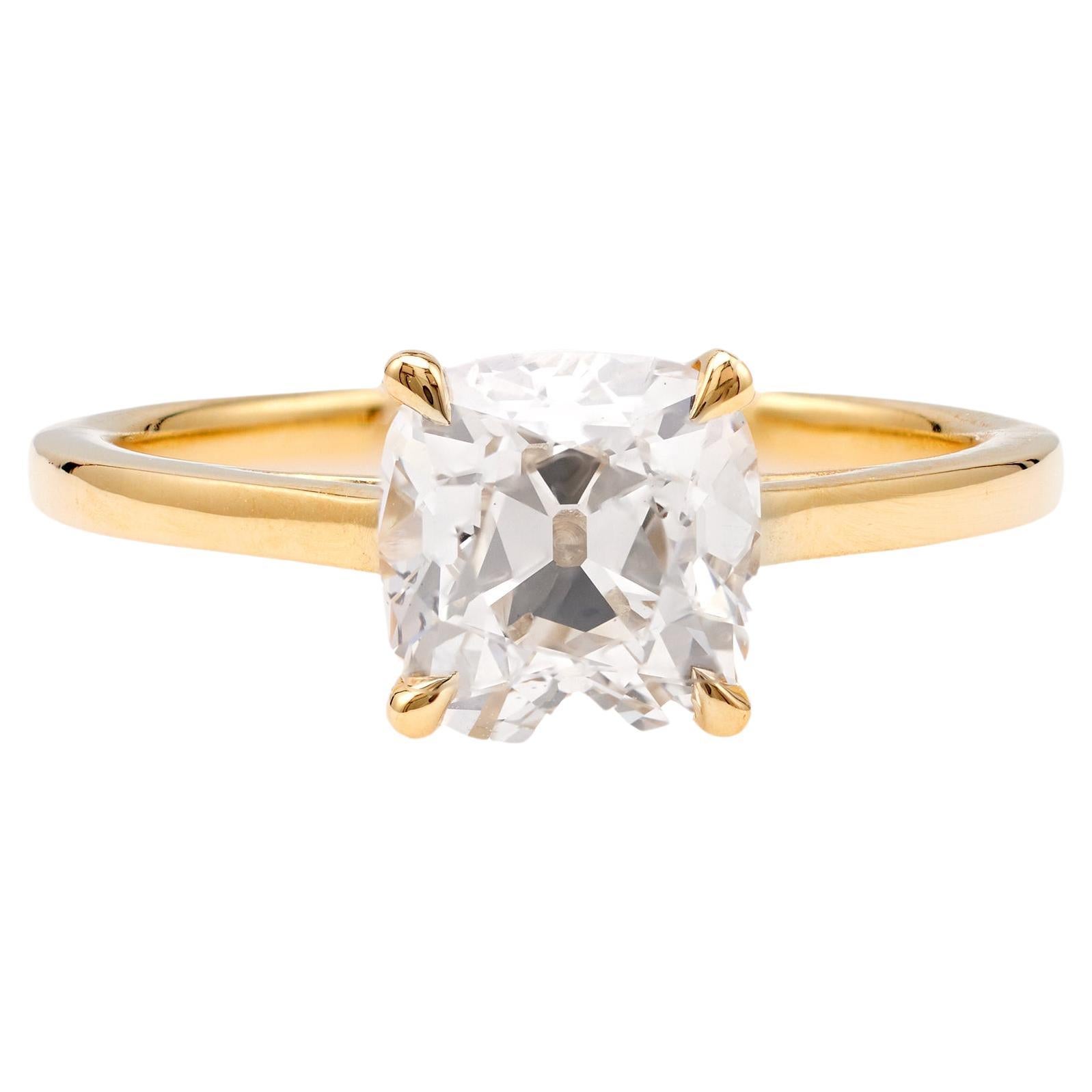 GIA 1.83 Carat Old Mine Cut Diamond 18k Yellow Gold Solitaire Ring For Sale
