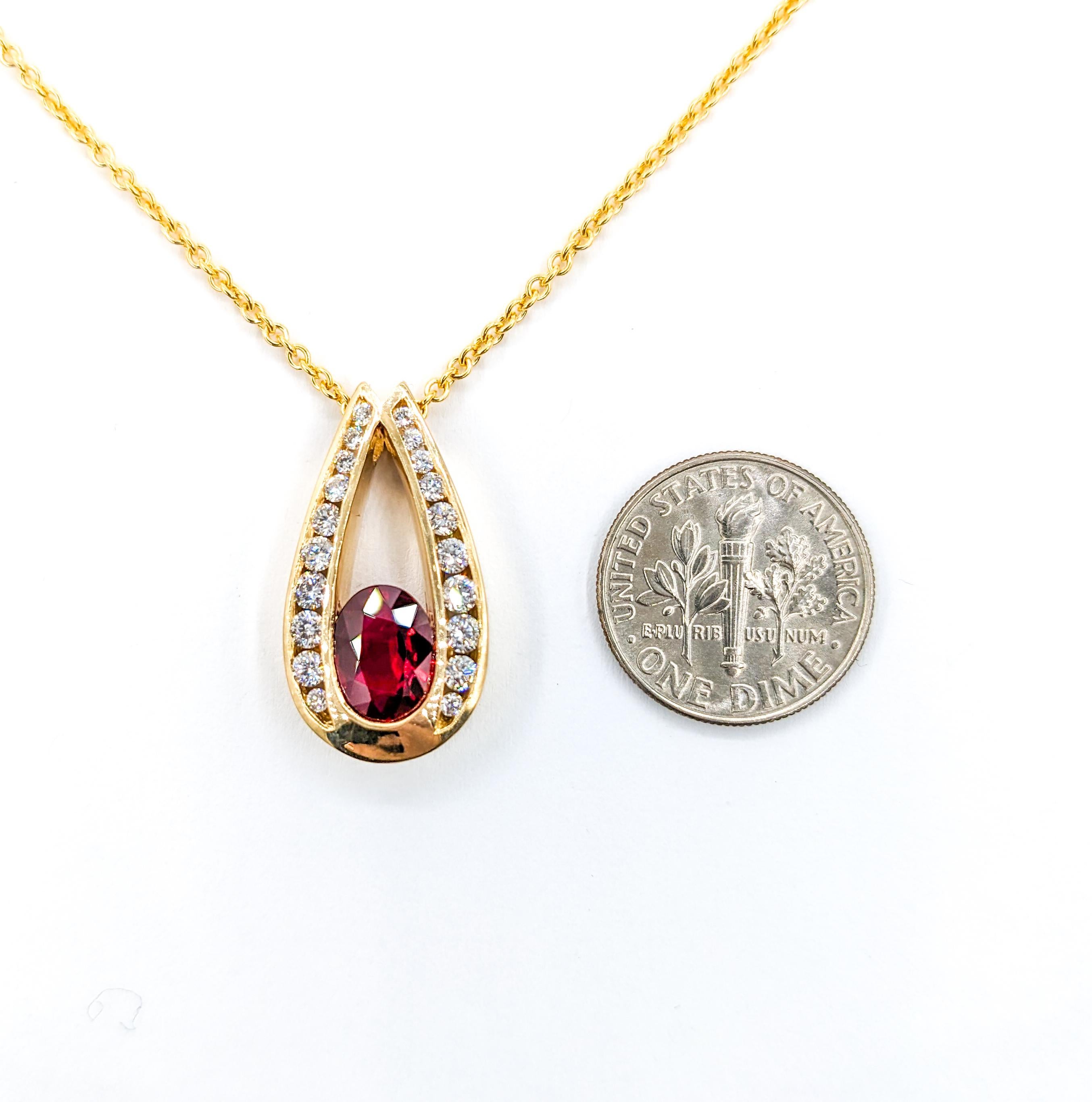 GIA 1.84ct Pigeons Blood Natural Ruby & Diamond Pendant With Chain

Introducing an exquisite natural Burmese Ruby 14K Pendant on an 18k Yellow Gold Chain. The pendant is expertly crafted in 14k Yellow Gold and adorned with a .61ctw of Round