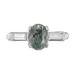 GIA 1.85 Carat Oval Green Sapphire Diamond Three-Stone Platinum Engagement Ring