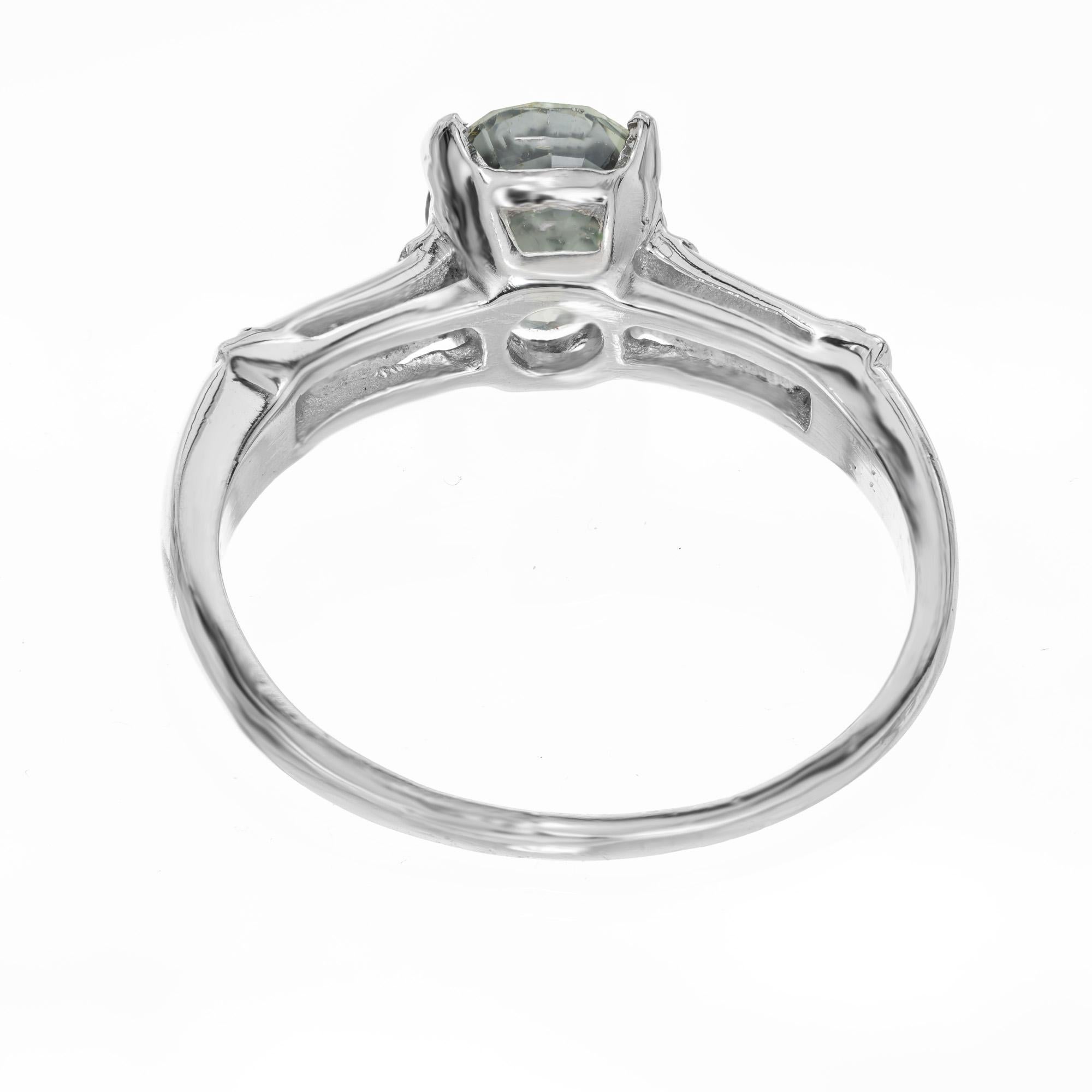 Oval Cut GIA 1.85 Carat Oval Green Sapphire Diamond Three-Stone Platinum Engagement Ring For Sale