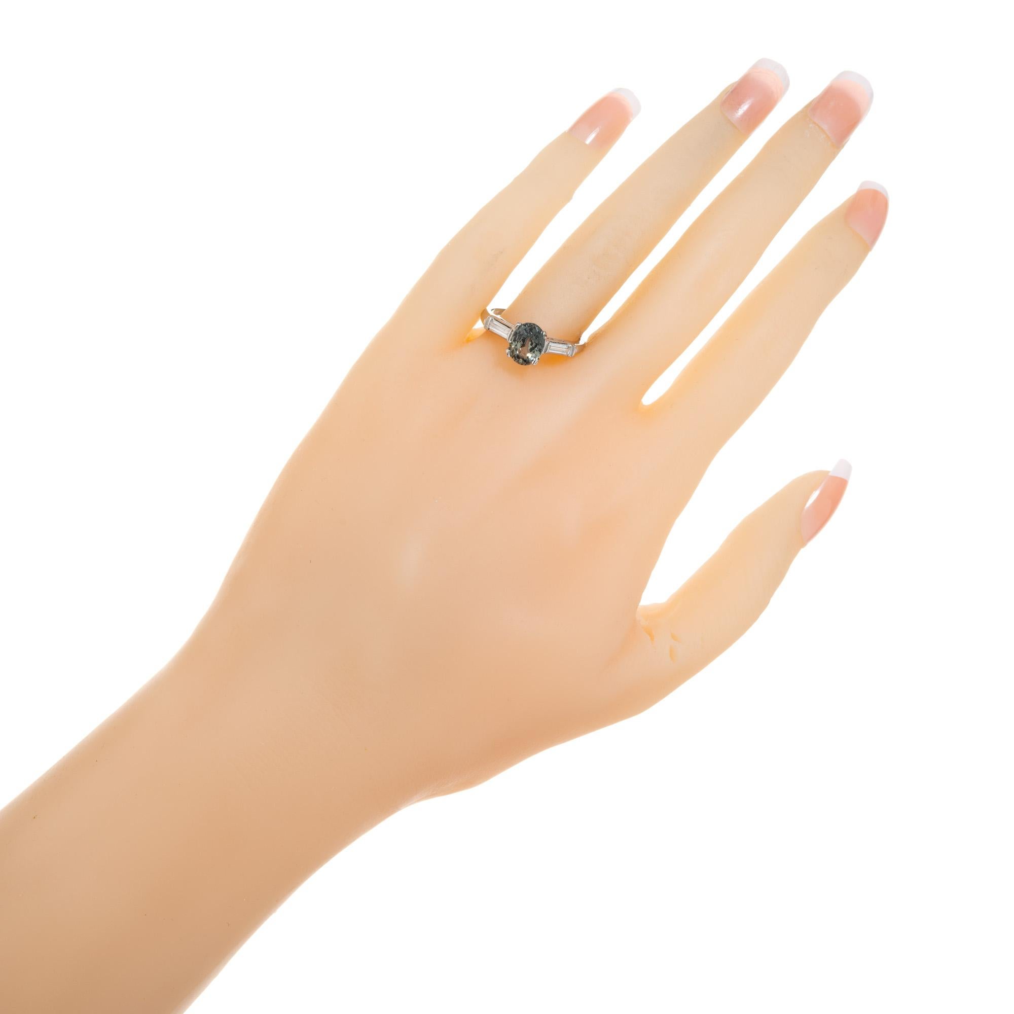 Women's GIA 1.85 Carat Oval Green Sapphire Diamond Three-Stone Platinum Engagement Ring For Sale