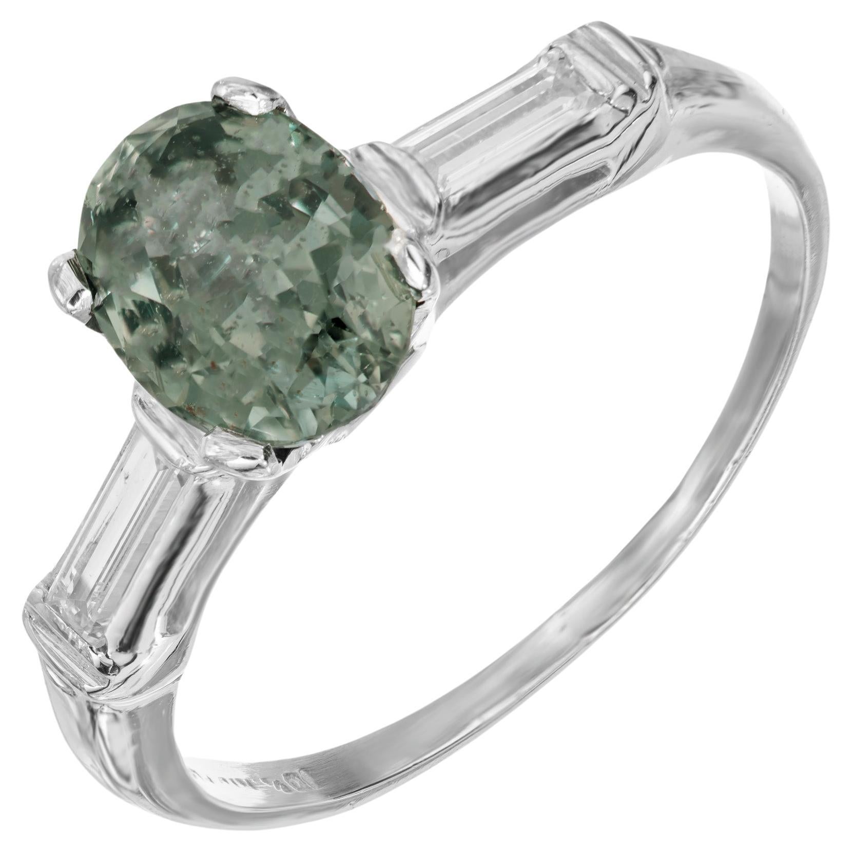 GIA 1.85 Carat Oval Green Sapphire Diamond Three-Stone Platinum Engagement Ring For Sale
