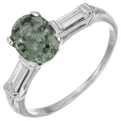 GIA 1.85 Carat Oval Green Sapphire Diamond Three-Stone Platinum Engagement Ring