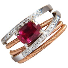 GIA 1.86CT Natural Vivid Red Ruby Diamonds Crossover Band Ring 18KT No Heat