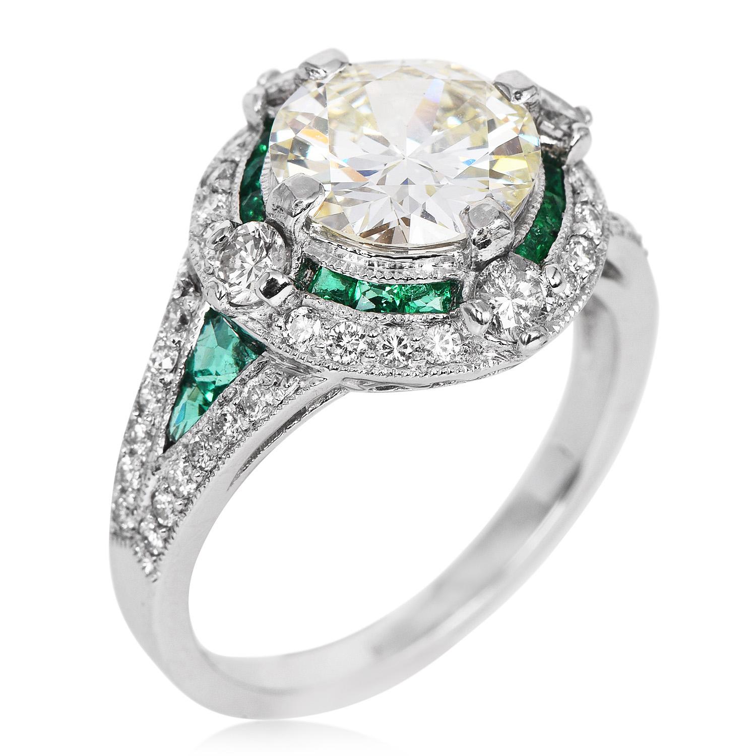An exquisite display of elegance, brilliance, and color in an Art Deco Engagement Ring.

 This absolutely lovely engagement ring is full of luster and sparkle! Finely crafted in Platinum,

The center displays a genuine natural Round cut diamond of
