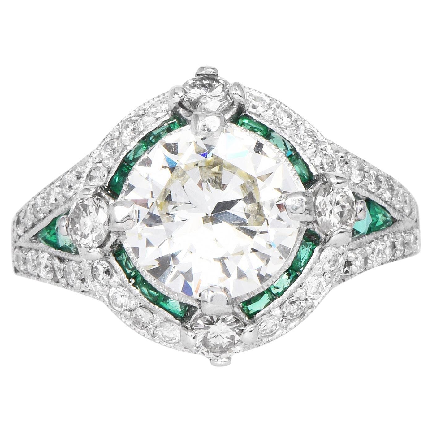 Art Deco GIA 1.87cts Diamond Emerald Platinum Deco Halo Cocktail Engagement Ring
