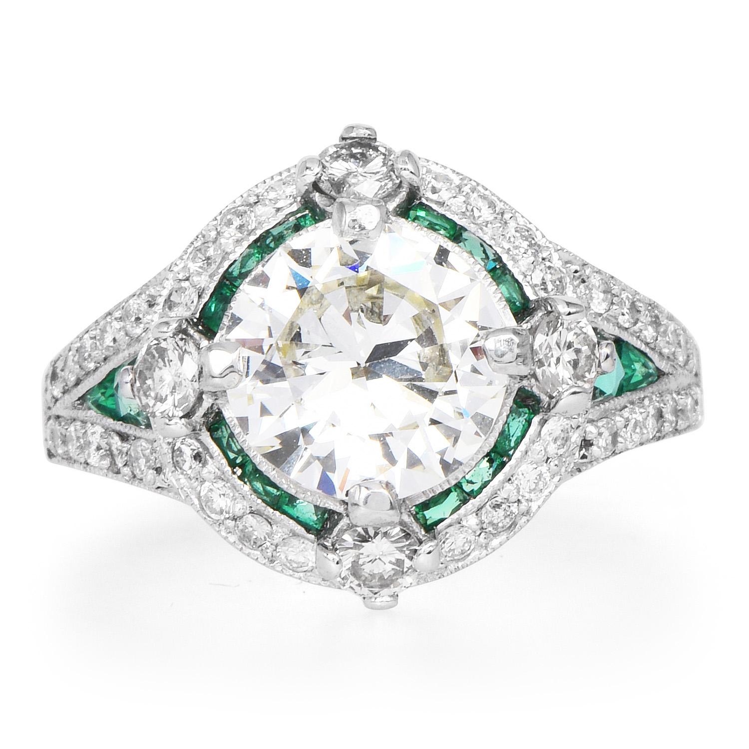 GIA 1.87cts Diamond Emerald Platinum Deco Halo Cocktail Engagement Ring In Excellent Condition In Miami, FL