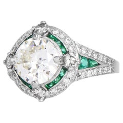 GIA 1.87cts Diamond Emerald Platinum Deco Halo Cocktail Engagement Ring