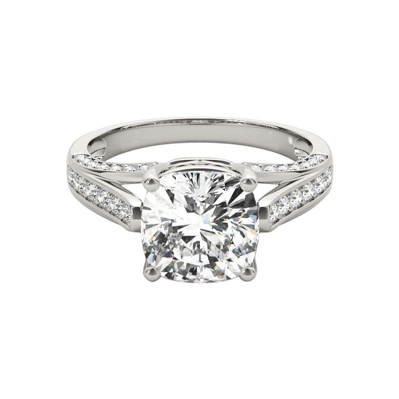 GIA - Bague à diamant cathédrale de 1,8 carat en forme de coussin, à ruban déroulant et pavé