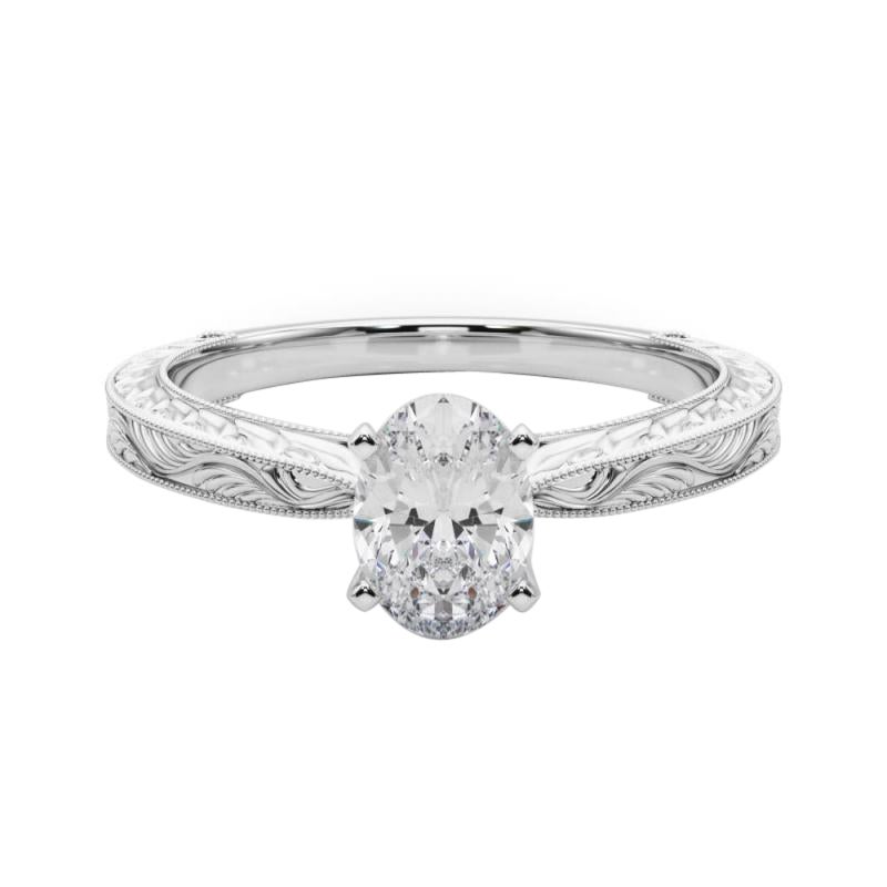 GIA Anello con diamante ovale classico solitario antico inciso in oro bianco da 1.8 ct.