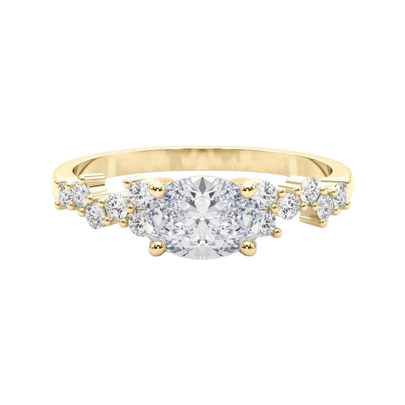 GIA 1.8ct Oval East West Trellis Side Stone 18K Yellow Gold Diamond Ring