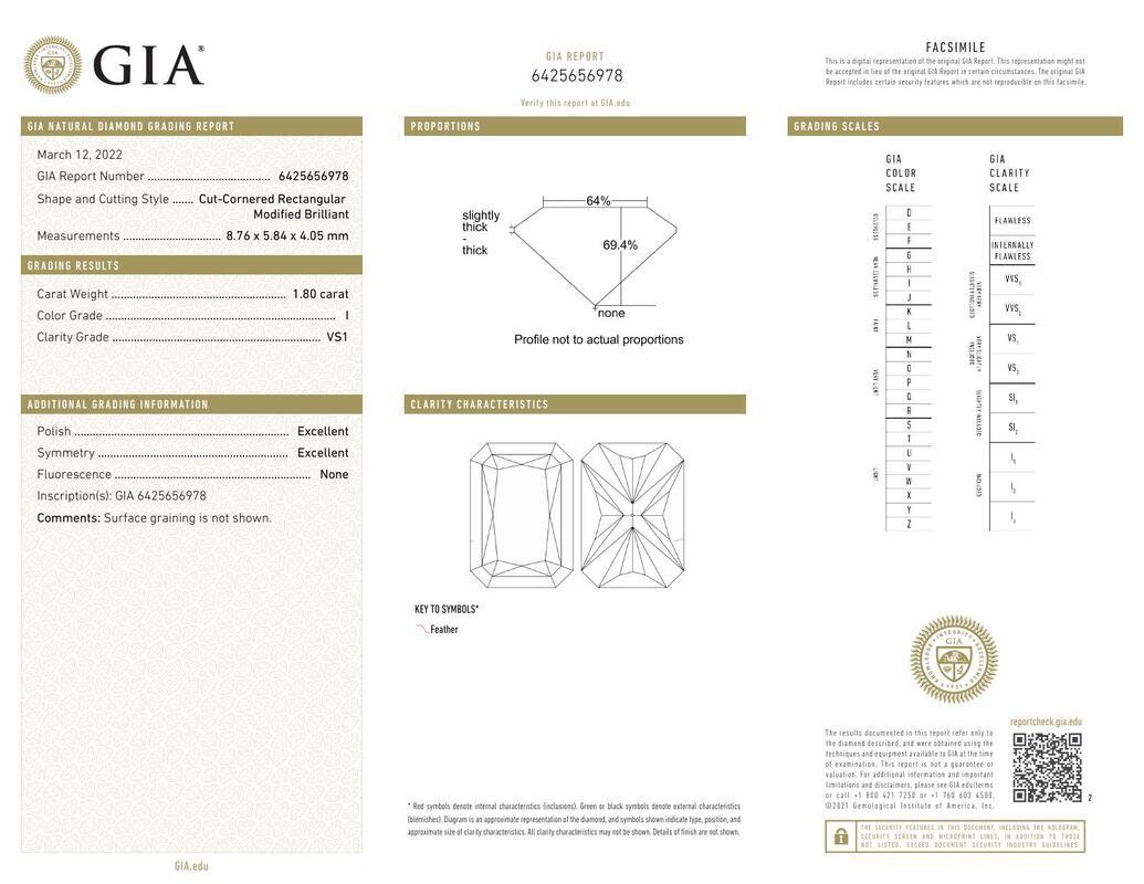 Contemporaneo GIA 1,8ct Radiant Slim Band Prong Set Solitaire in oro giallo 18K Diamond Ring in vendita