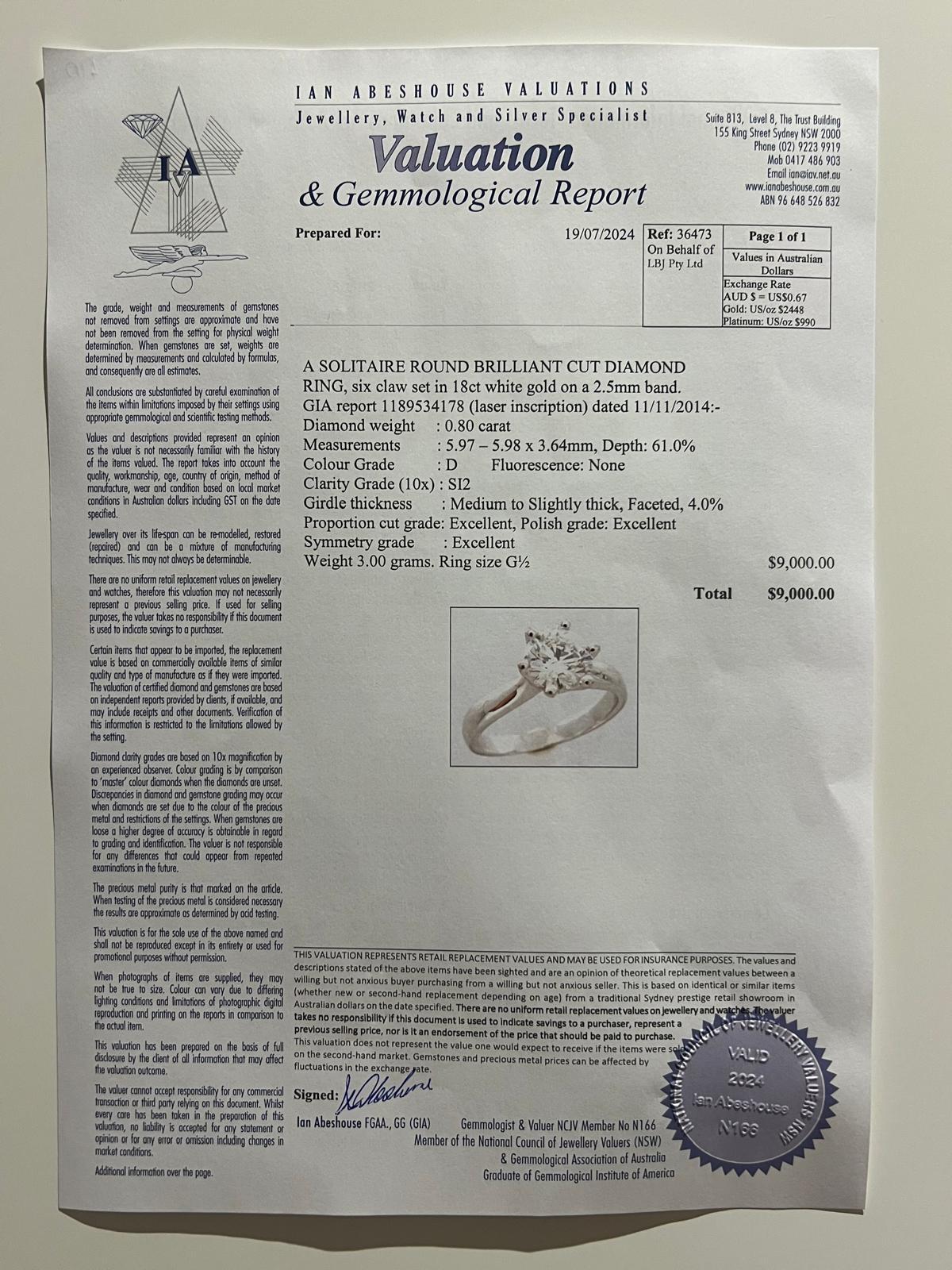GIA 18ct White Gold Diamond Engagement Ring 0.80ct In Excellent Condition For Sale In SYDNEY, NSW