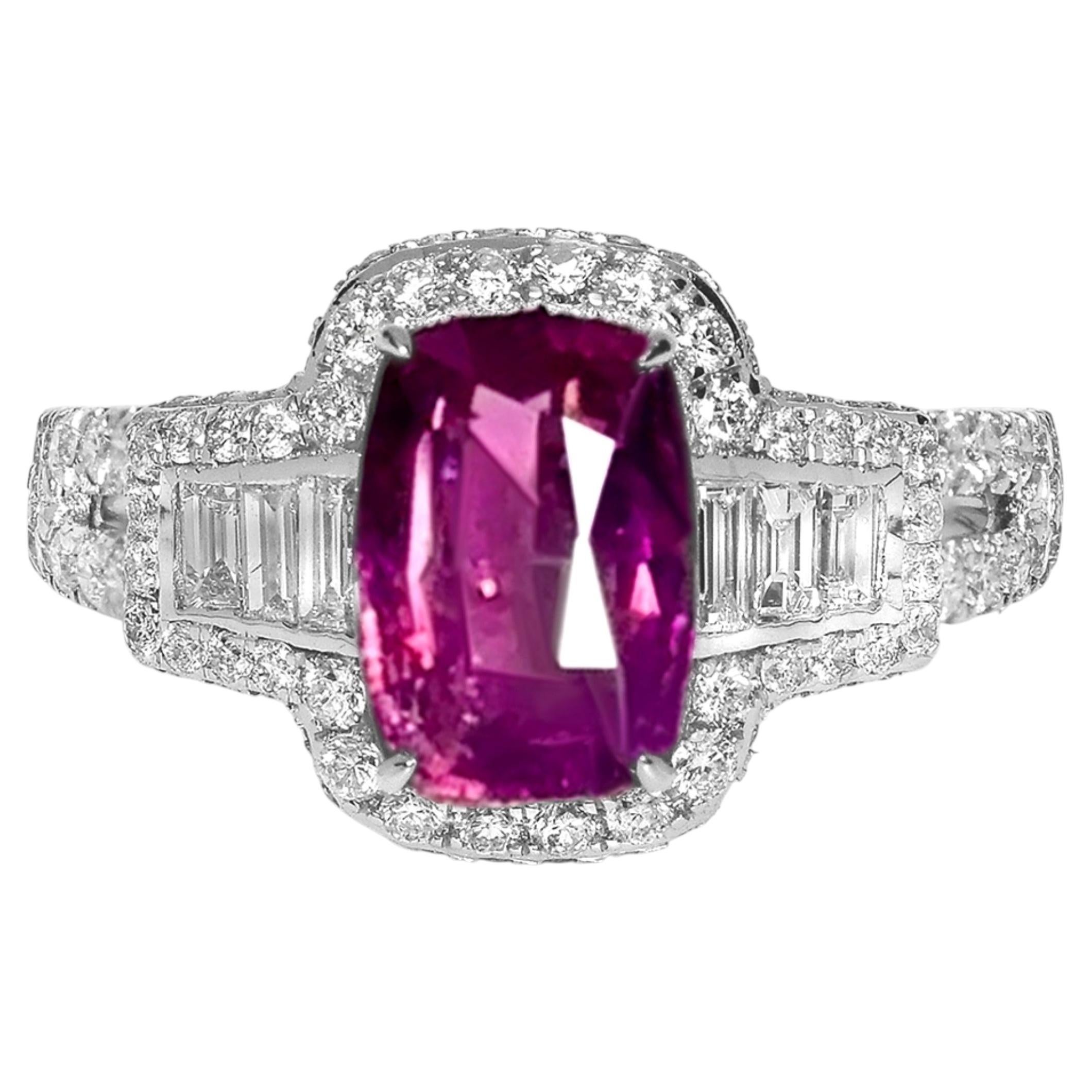 GIA 18K 2.57 Ct Kashmir Unheated Purple Red Ruby Art Deco Design Engagement Ring