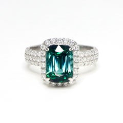 GIA 18K 3.01 ct Natural Vivid Bluish Green Tourmaline Diamonds Engagement Ring