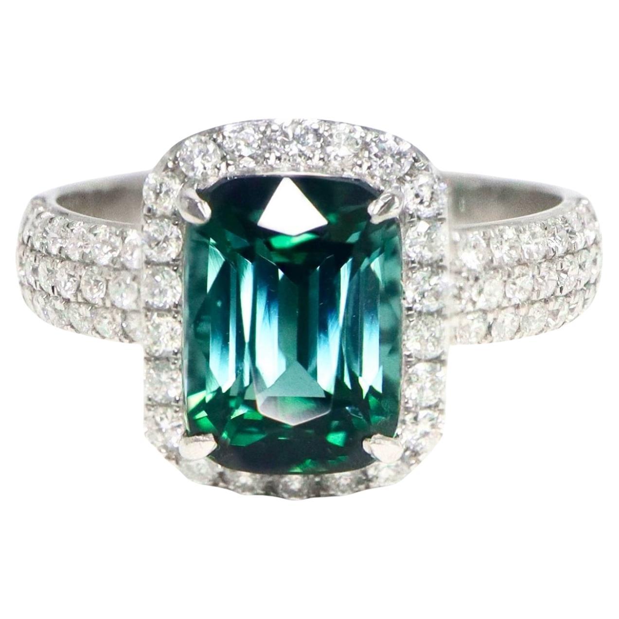 GIA 18K 3,01 ct Nature Bluish Gree Tourmaline Diamants Antique Bague de fiançailles
