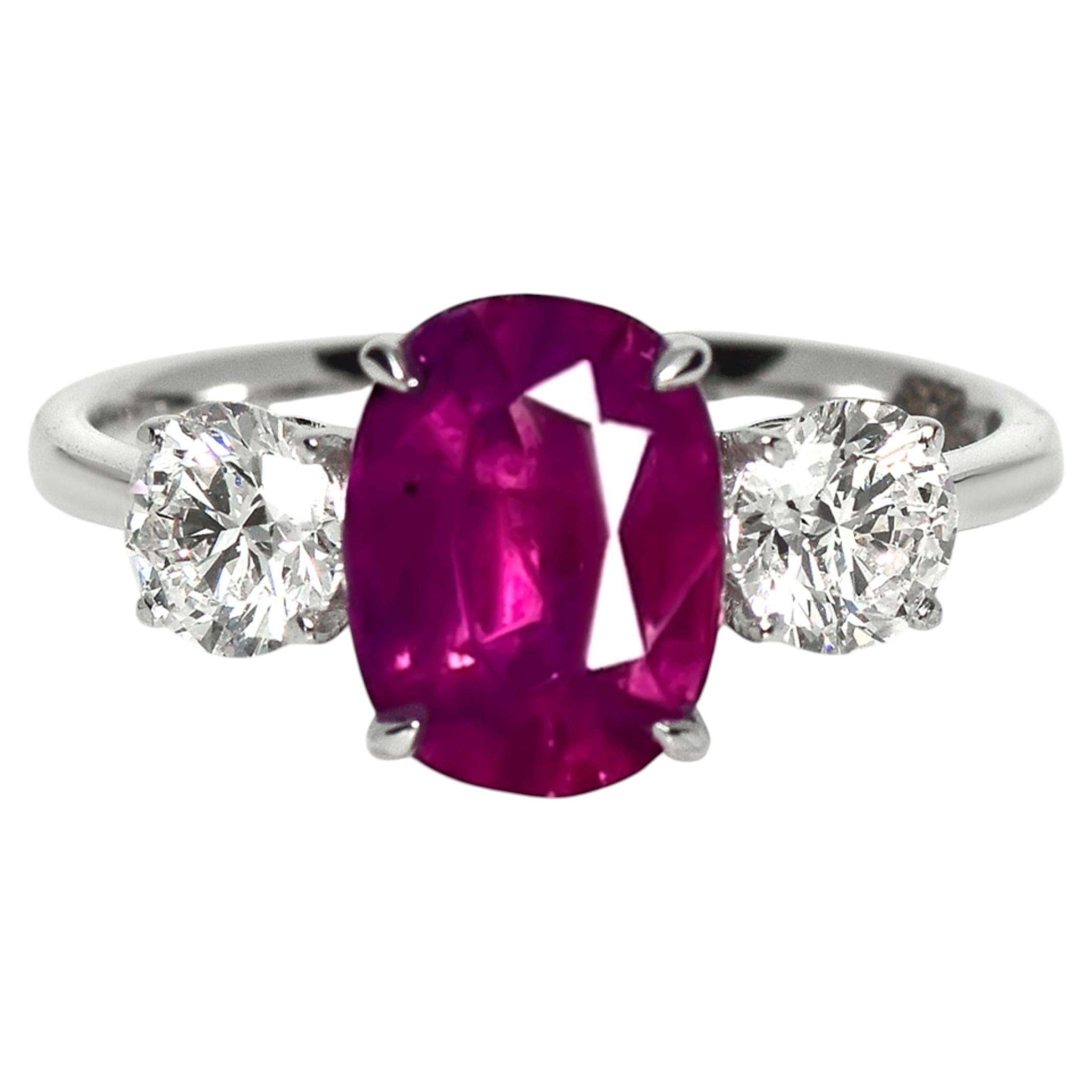 GIA 18K 3.08 Ct Kashmir Unheated Purple Red Ruby 3-Stone Design Engagement Ring