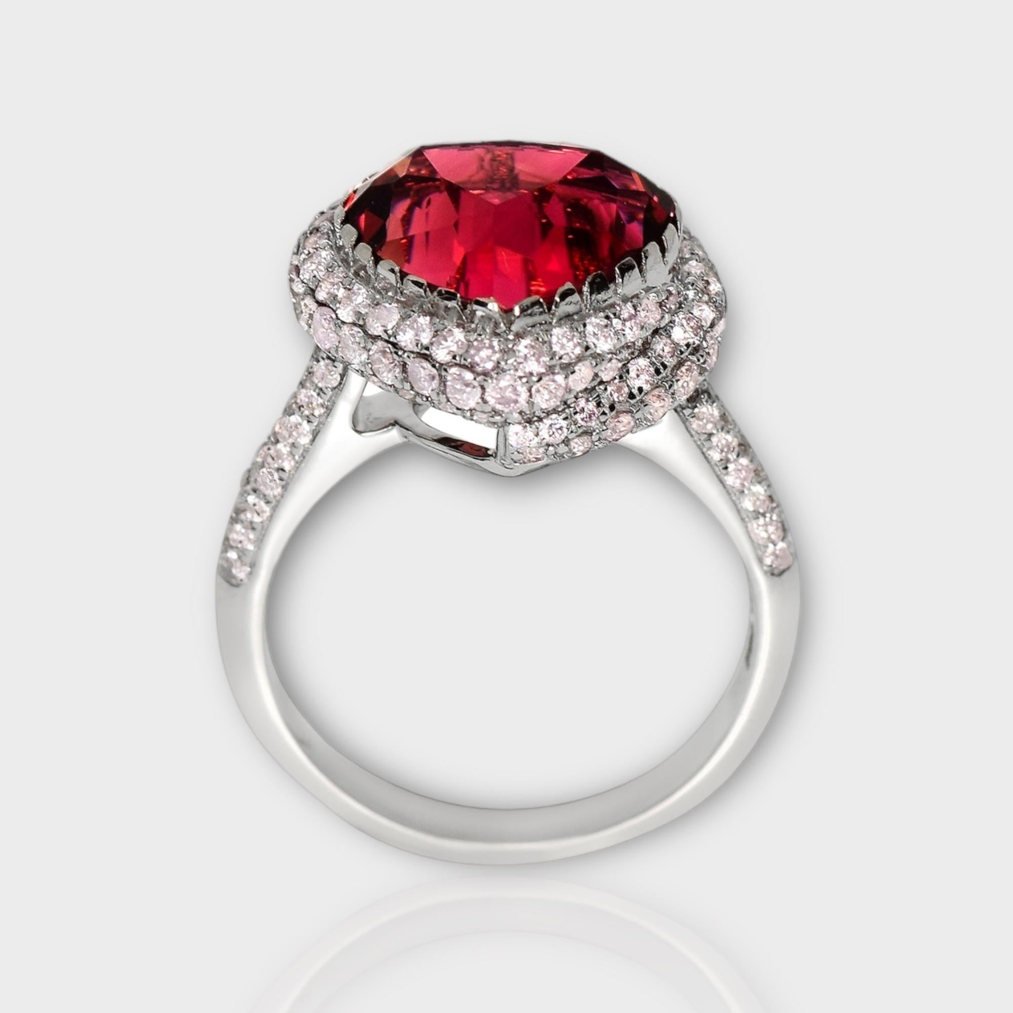Cushion Cut GIA 18K 5.02 Ct Natural Pink Tourmaline&Pink Diamonds Engagement Ring For Sale