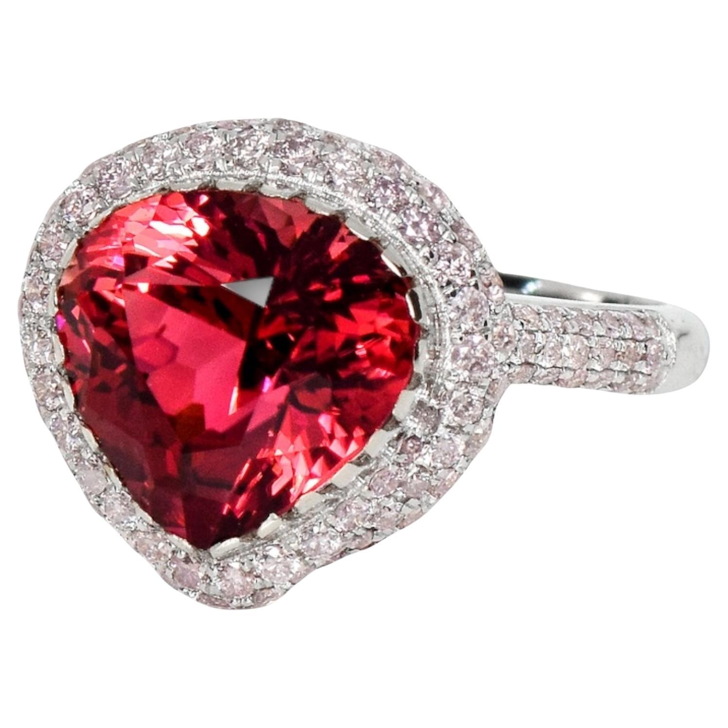 GIA 18K 5.02 Ct Natural Pink Tourmaline&Pink Diamonds Bague de fiançailles en vente