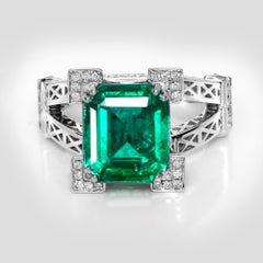 GIA 18K 5.03 Ct Zambia Vivid Green Emerald&Diamonds Antique Engagement Ring