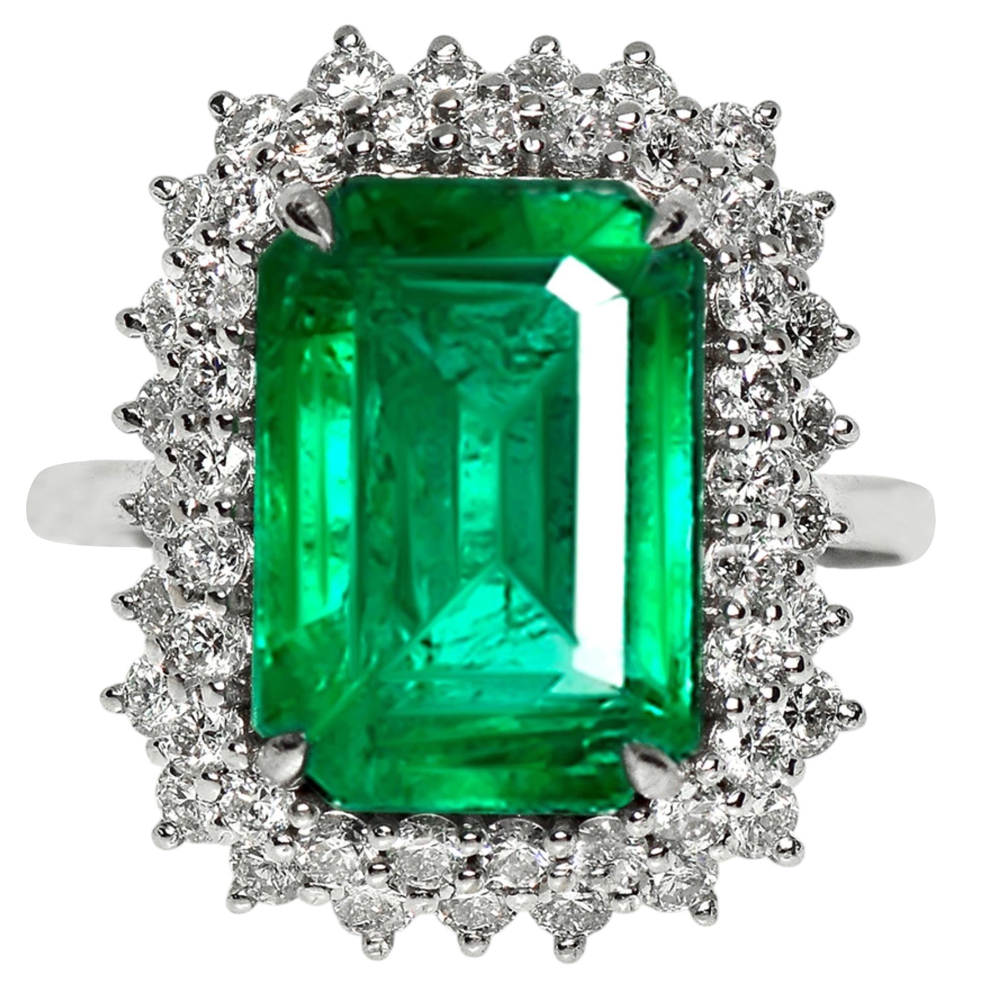 GIA 18K 5.55 Ct Natural Vivid Green Emerald&Diamonds Antique Engagement Ring