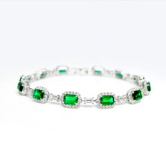 GIA 18K 5.94 Ct Vivid Green Emerald&Diamonds Art Deco Style Tennis Bracelets