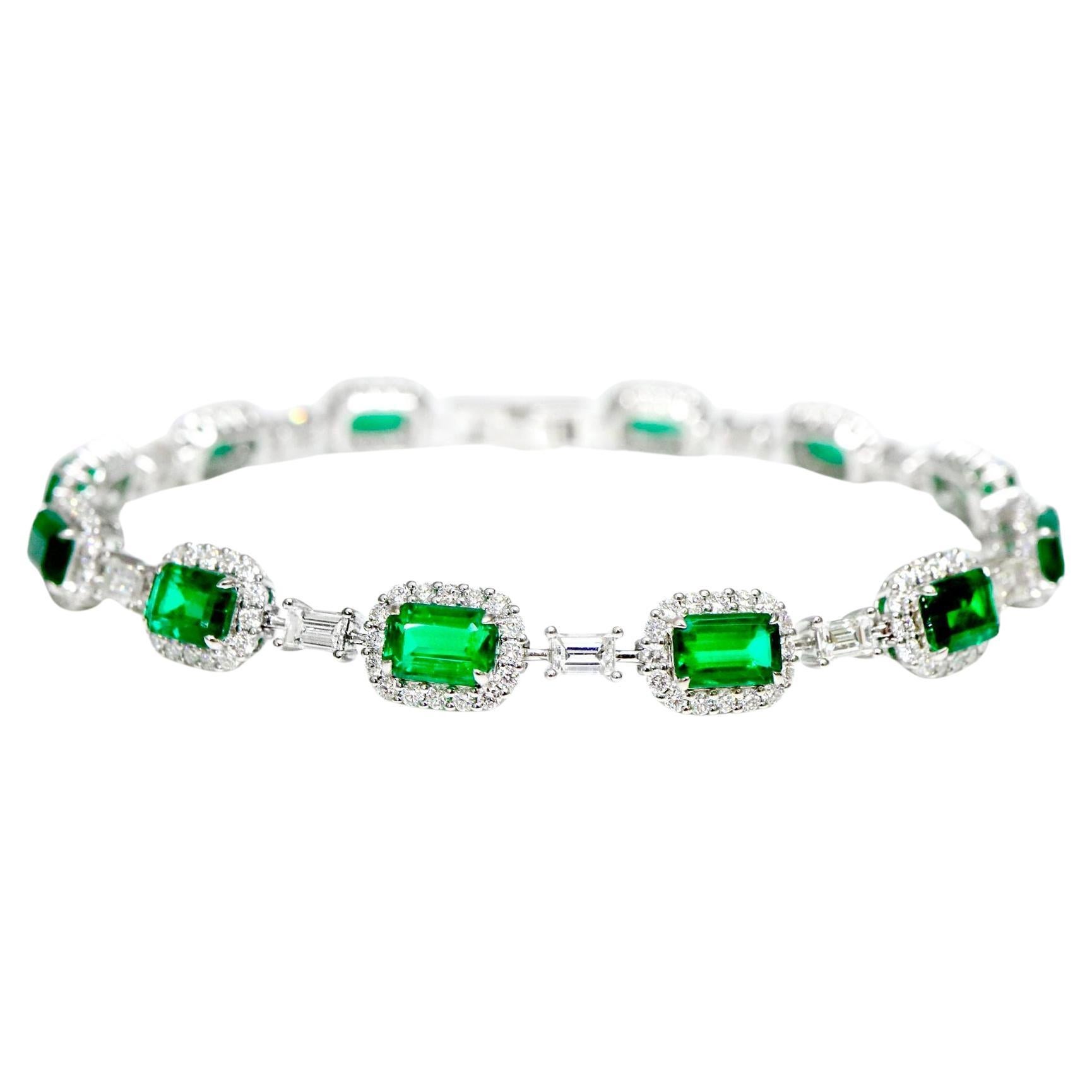 GIA 18K 5.94 Ct Vivid Green Emerald&Diamonds Art Deco Style Tennis Bracelets