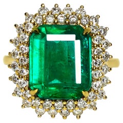 GIA 18K 6.63 Ct Zambia Intense Green Emerald&Diamond Antique Engagement Ring