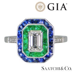 GIA - 18K 750 Emerald Shape Natural Round VVS Diamond Sapphire Emerald Ring