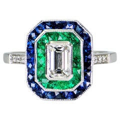 GIA - Anello con zaffiro e diamante tondo naturale VVS a forma di smeraldo 18K 750