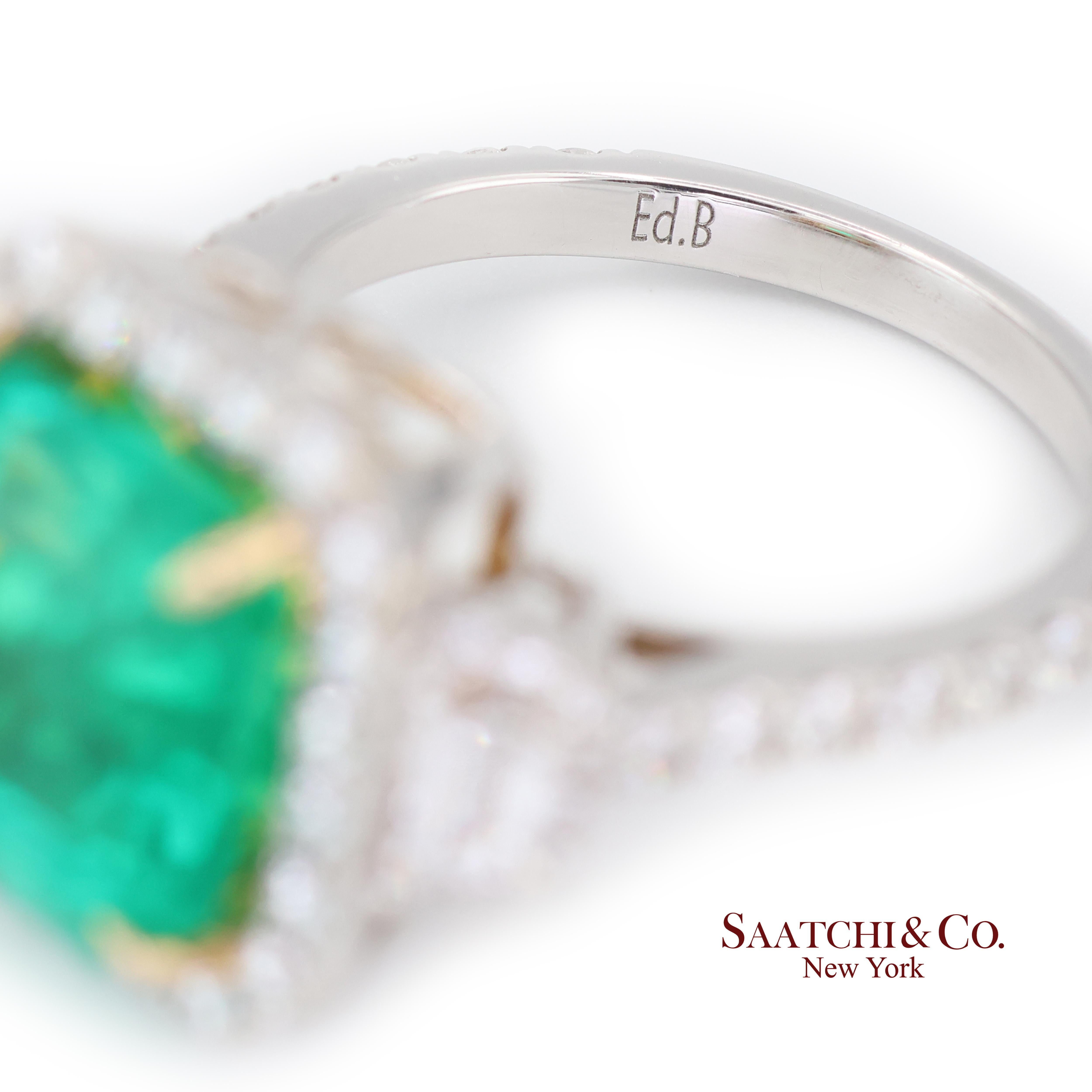 GIA Bague en or blanc 18k 750 émeraude colombienne naturelle et diamant naturel en vente 3