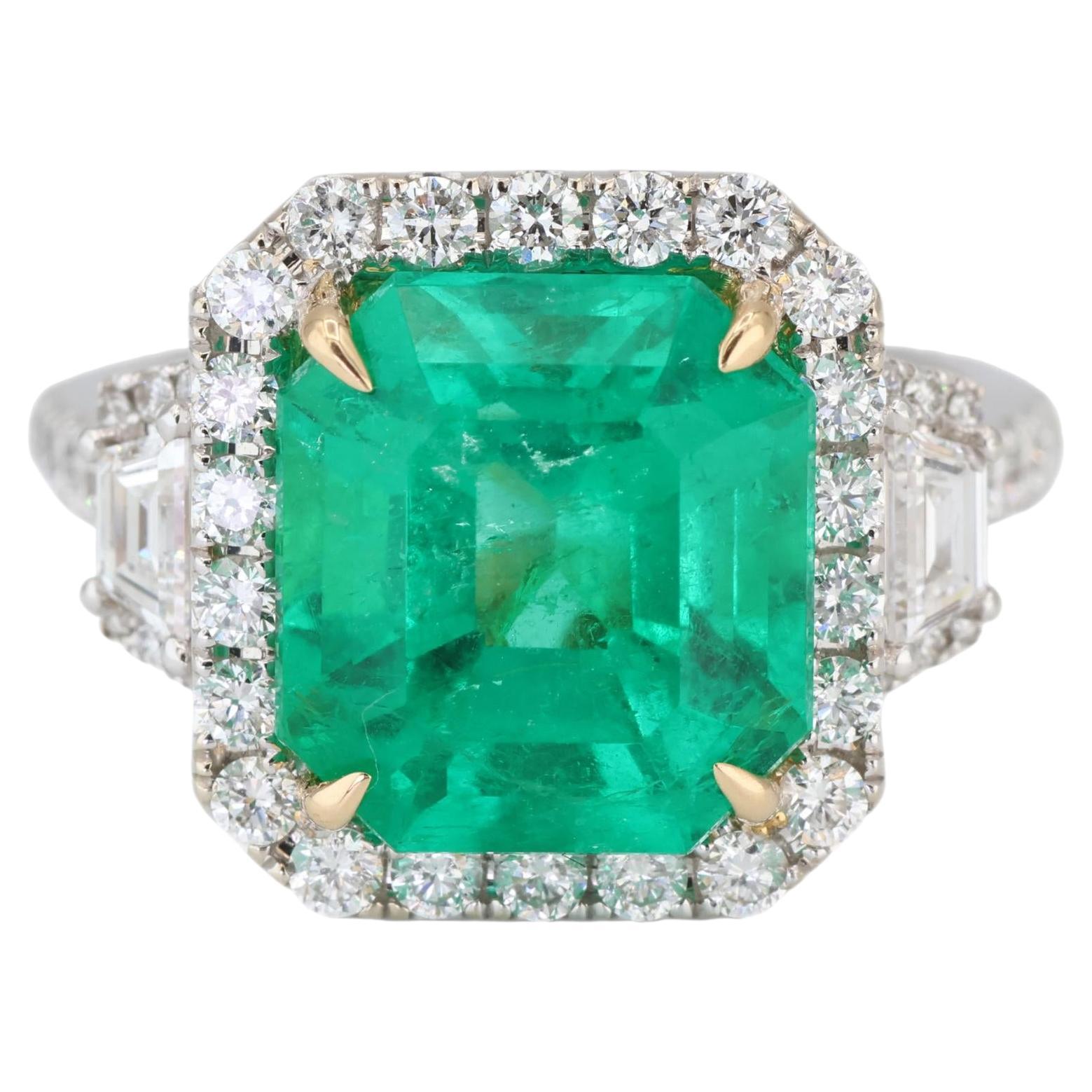 GIA Bague en or blanc 18k 750 émeraude colombienne naturelle et diamant naturel en vente