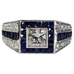GIA Bague en or blanc 18K 750 diamants naturels et 1,75 ct saphir naturel