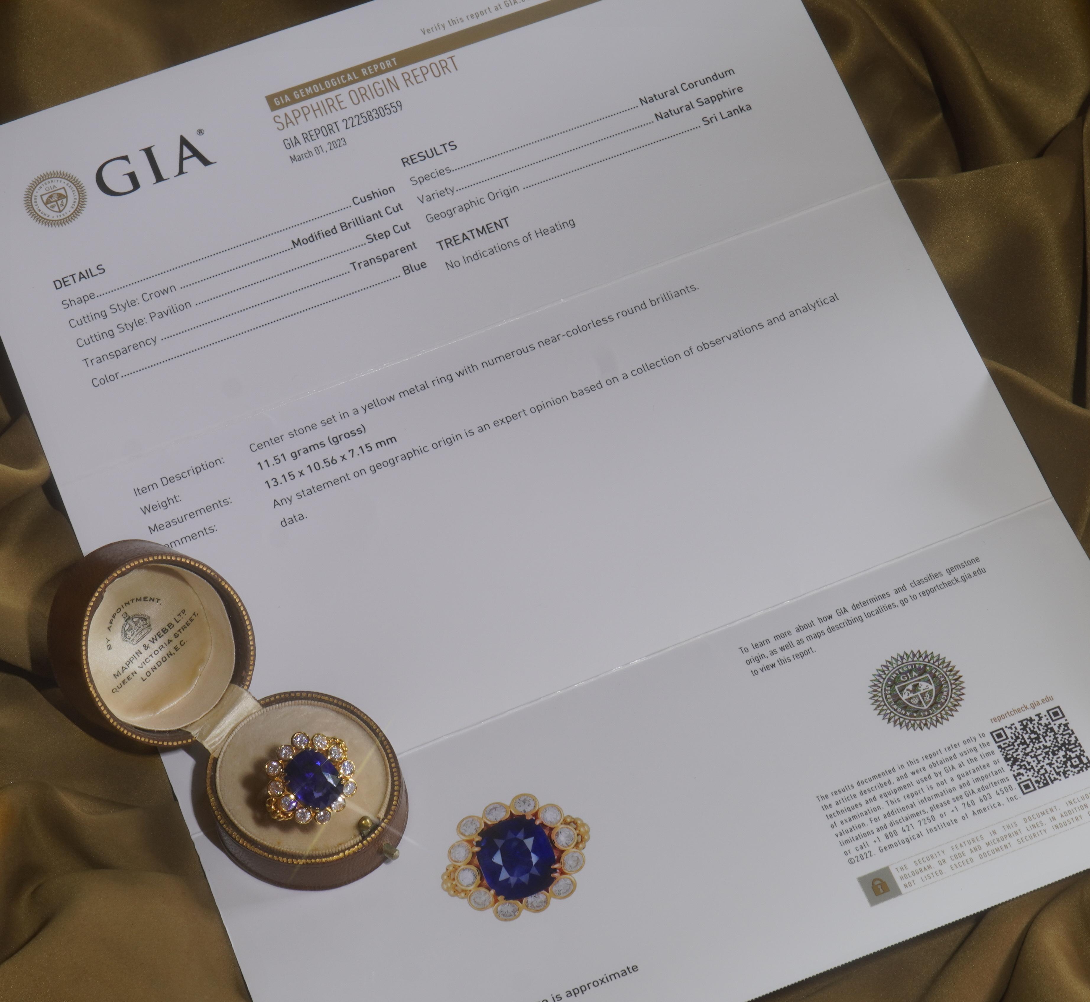 Old South Jewels proudly presents... VINTAGE LUXURY.   GIA CERTIFIED 18K GOLD HUGE 12.04 CARAT UNHEATED SAPPHIRE DIAMOND ANTIQUE RING & BOX!   HUGE 9.52 CARAT BRILLIANT ROYAL BLUE GIA CERTIFIED RARE NO HEAT NATURAL SAPPHIRE.   This Gorgeous Sapphire