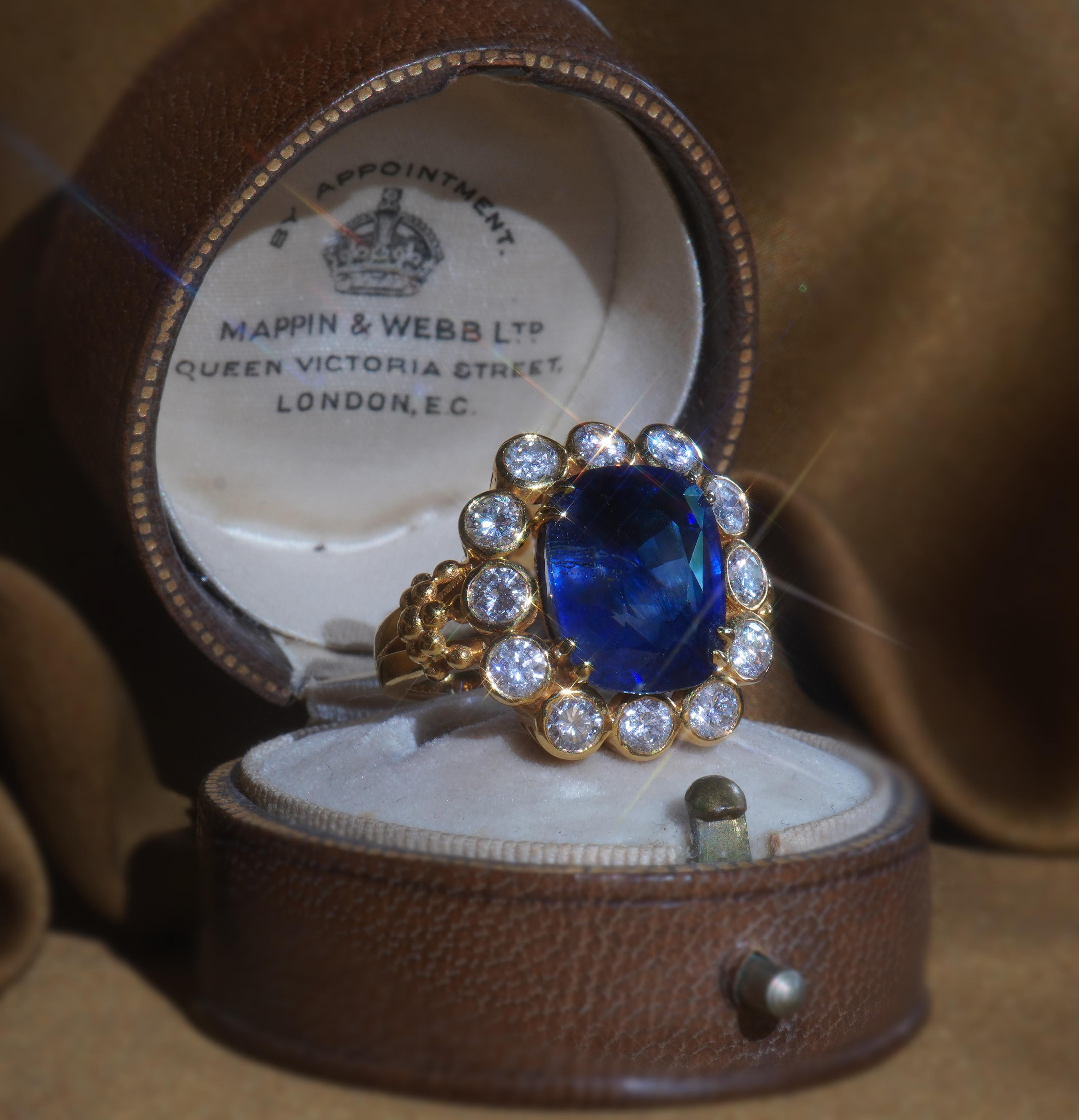 Cushion Cut GIA 18K Blue Sapphire Diamond Ring 12.04 TCW Unheated Ceylon Gold For Sale