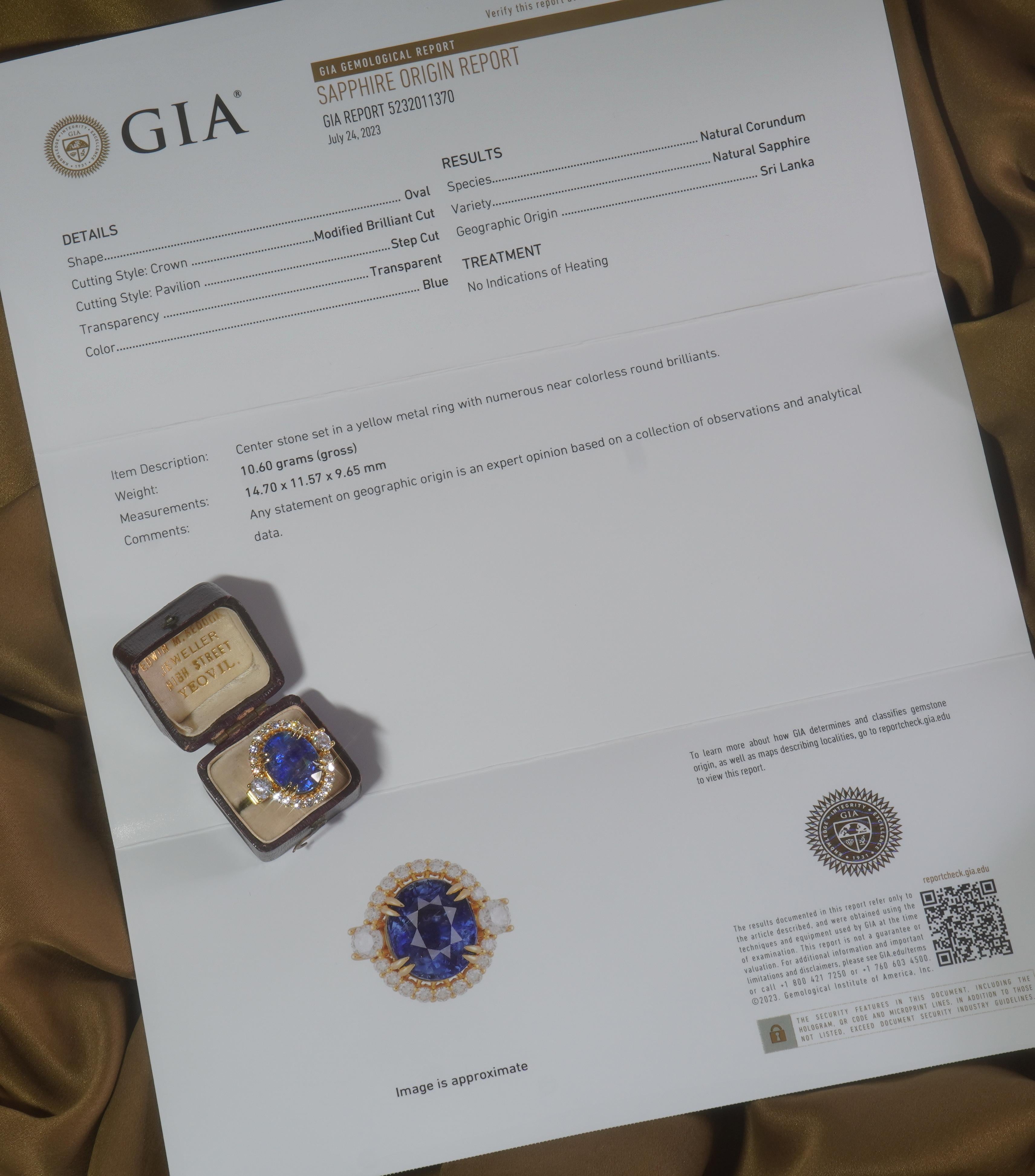 Old South Jewels proudly presents... VINTAGE LUXURY.   GIA CERTIFIED 18K HUGE 17.52 CARATS UNHEATED SAPPHIRE DIAMOND ANTIQUE RING & BOX!   HUGE 15.34 CARAT BRILLIANT ROYAL BLUE GIA CERTIFIED RARE NO HEAT NATURAL SAPPHIRE.   This Gorgeous Sapphire Is