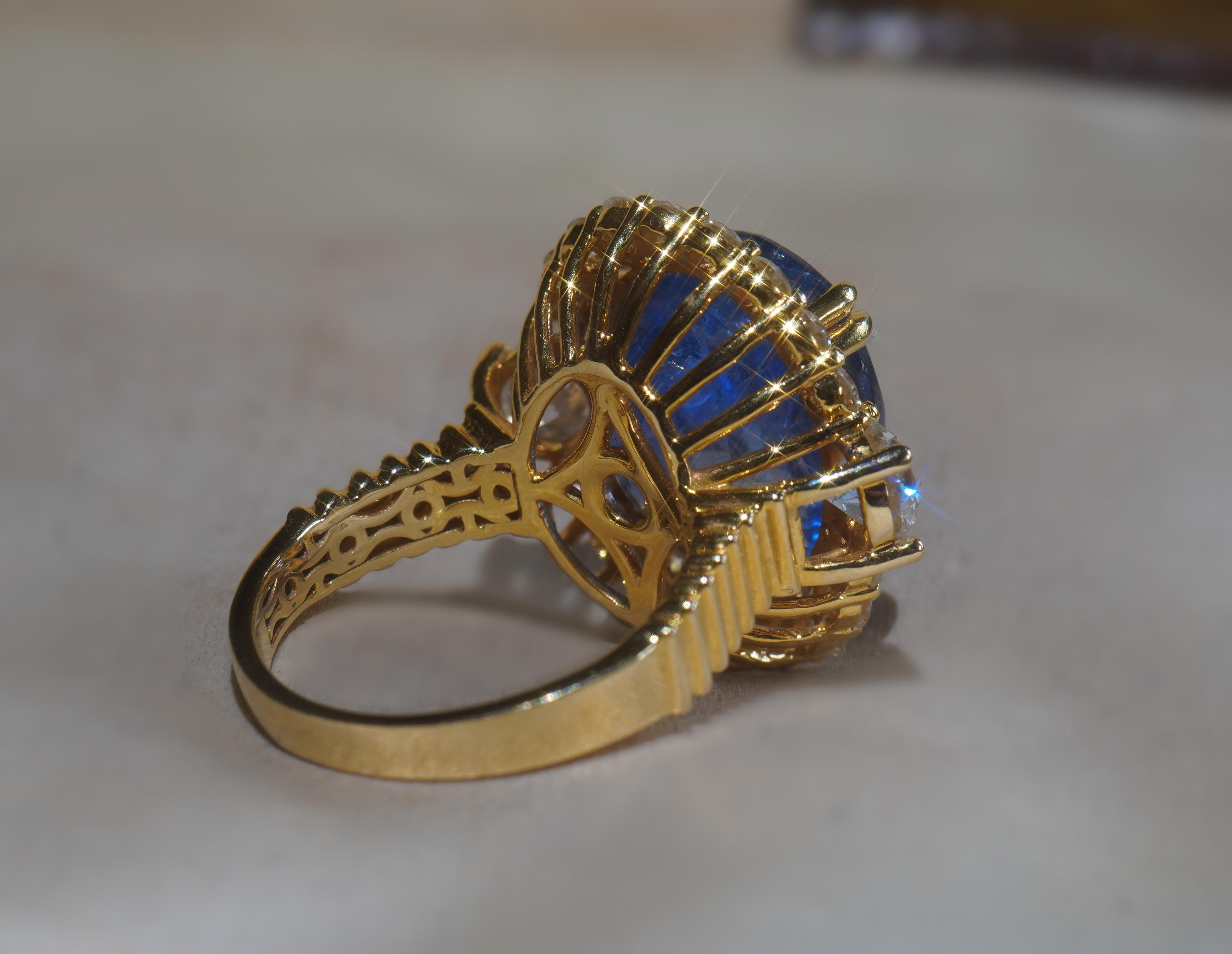 GIA 18K Blauer Saphir Diamantring Unerhitzter Ceylon Gold Vintage Großer 17,52 Karat im Zustand „Hervorragend“ in Sylvania, GA