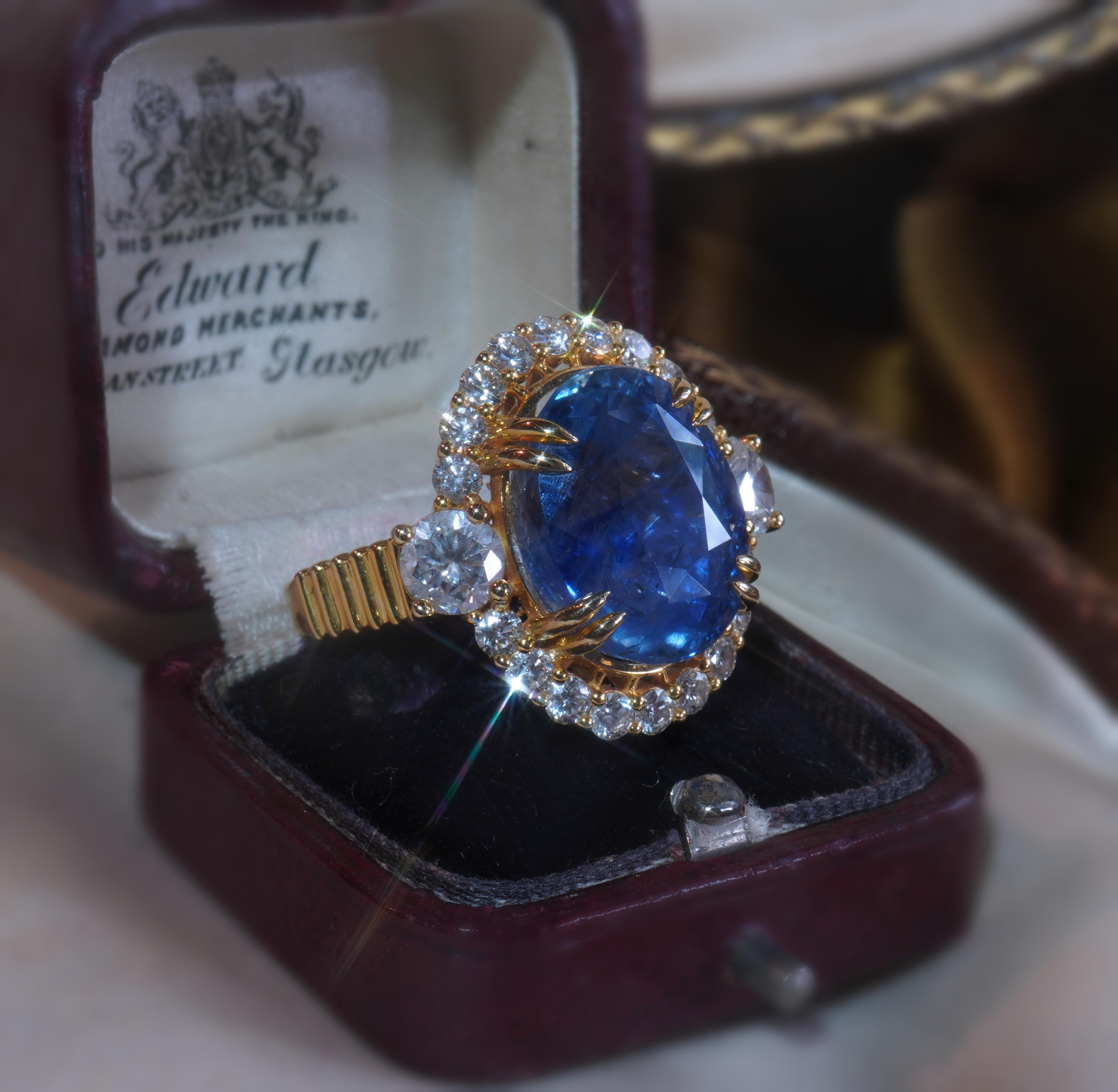 Women's or Men's GIA 18K Blue Sapphire Diamond Ring Unheated Ceylon Gold Vintage Huge 17.52 Cts