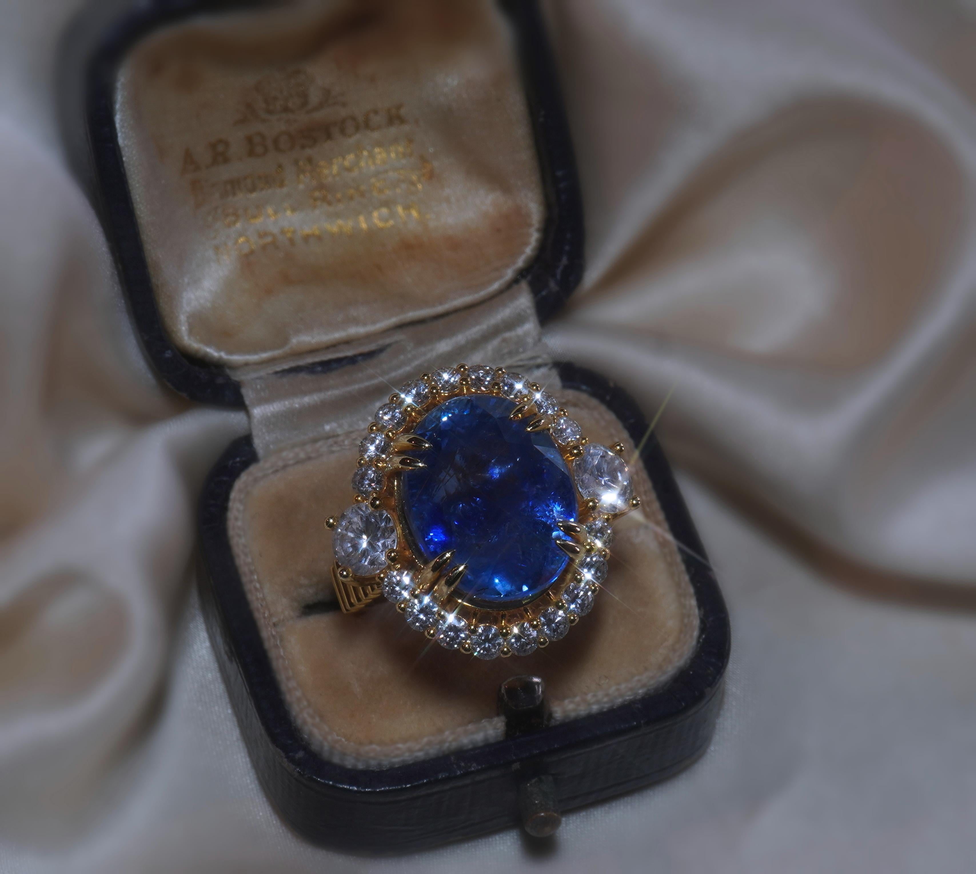GIA 18K Blue Sapphire Diamond Ring Unheated Ceylon Gold Vintage Huge 17.52 Cts 1