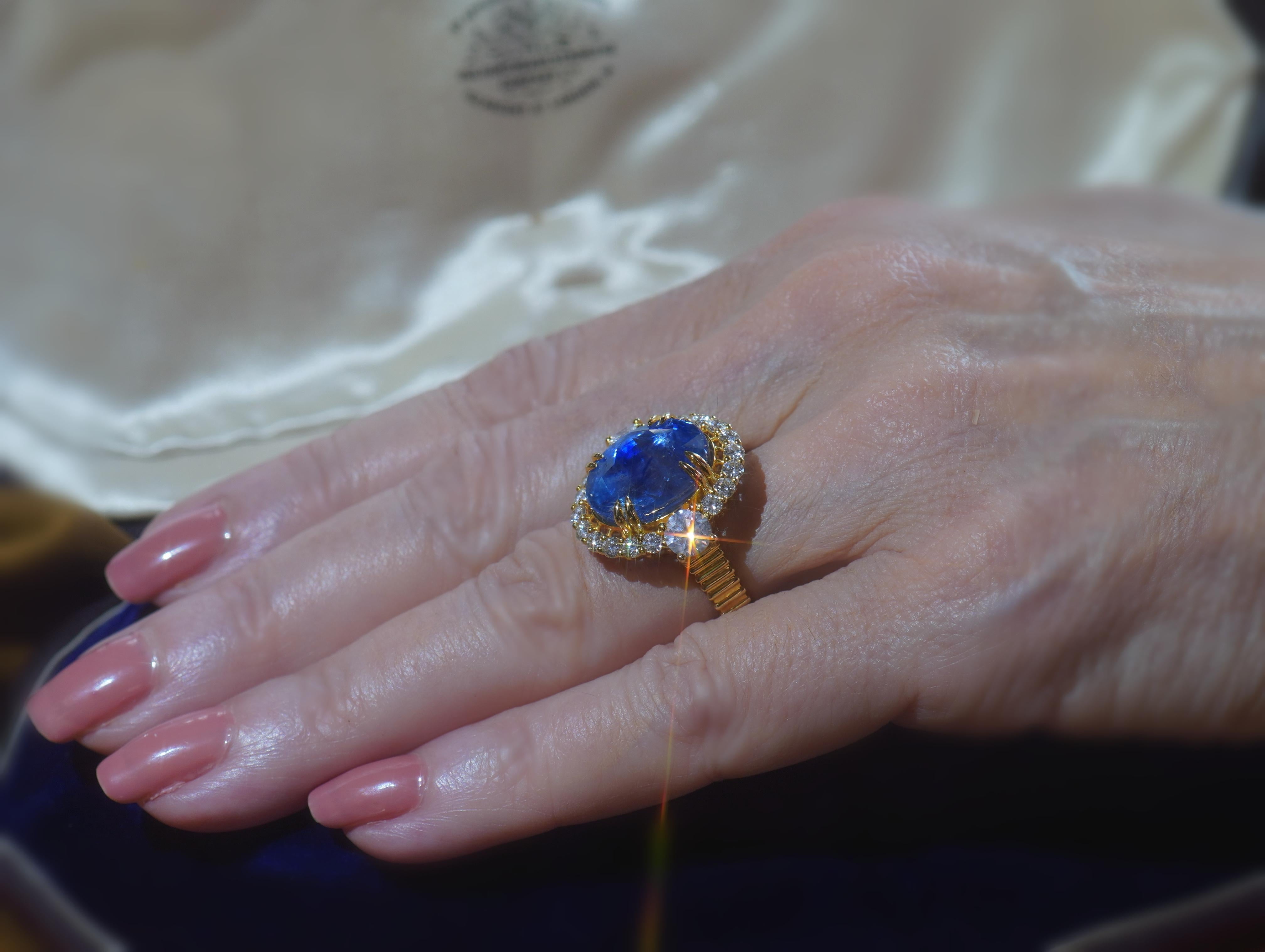 GIA 18K Blue Sapphire Diamond Ring Unheated Ceylon Gold Vintage Huge 17.52 Cts 2