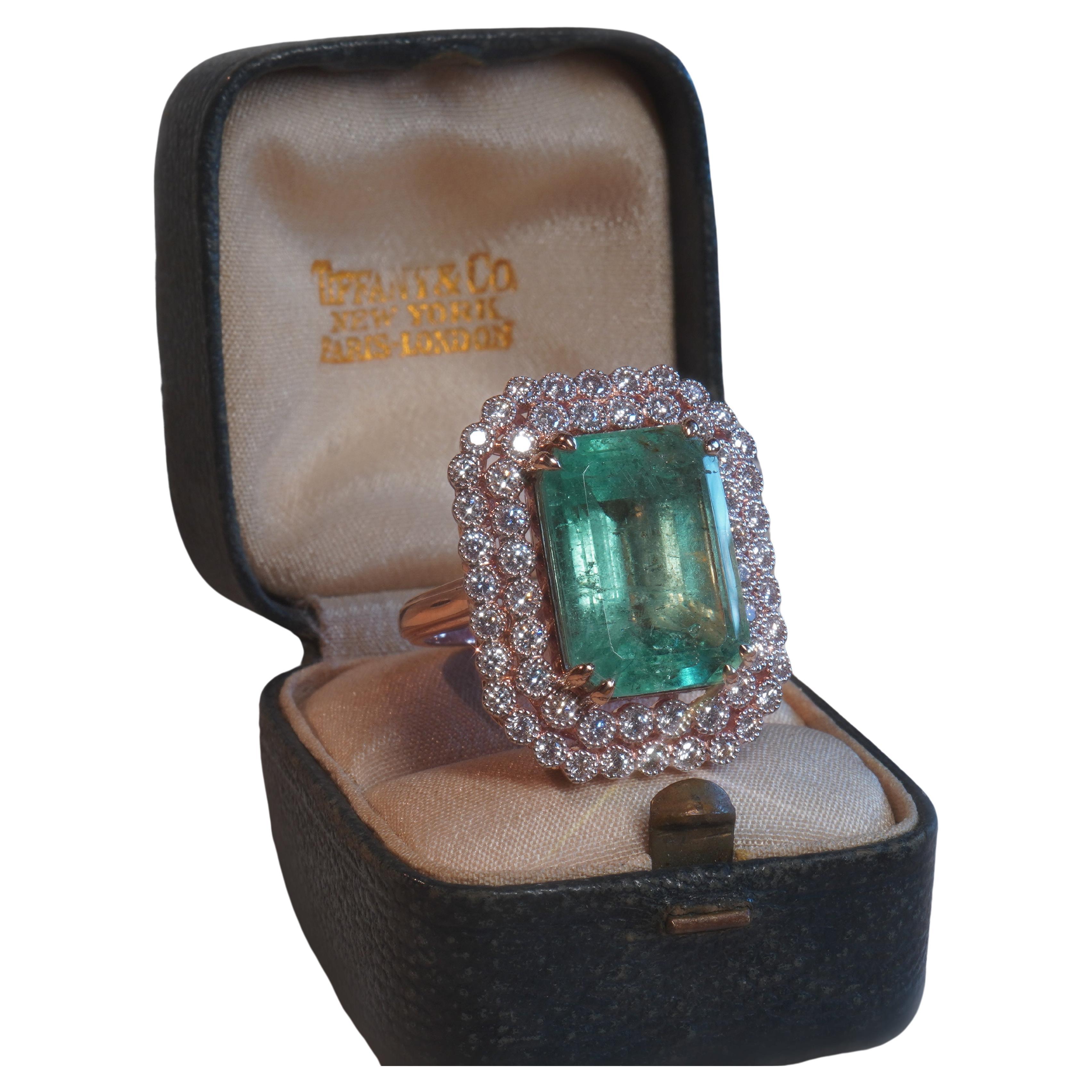 GIA 18K Tiffany & Co. Green Emerald Diamond Ring Certified Huge Gold 12.16 Cts! For Sale