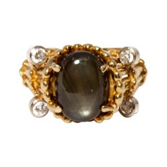 Vintage GIA 18K Gold, Black Star Sapphire and Diamond Ring