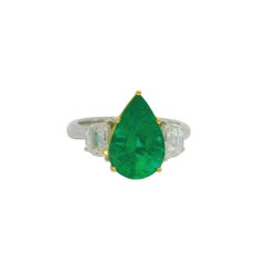 GIA 18K Gold Natural Emerald Pear Shape & Diamond Half Moon Side Stone Ring